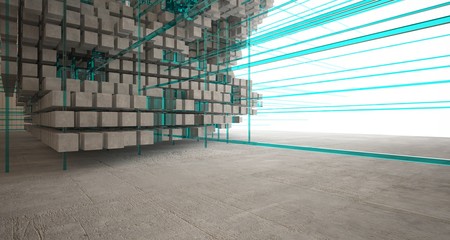 Abstract architectural wood and glass interior from an array of cubes with large windows. 3D illustration and rendering.