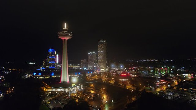 Niagara Falls Ontario Aerial v27 Low vantage nighttime panoramic cityscape near Horseshoe Falls and Skylon Tower - October 2017