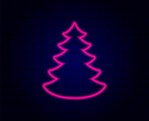 Brick wall background with neon xmas tree. Vector illustration for banner
