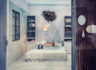 interior of bedroom in country style with seasonal decoration