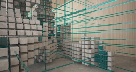 Abstract architectural wood and glass interior from an array of cubes with large windows. 3D illustration and rendering.