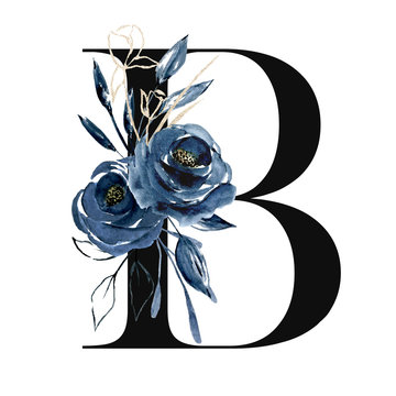 Floral alphabet, letter B with watercolor navy blue flowers and leaf. Monogram initials perfectly for wedding invitations, greeting card, logo, poster and other design. Holiday design hand painting.