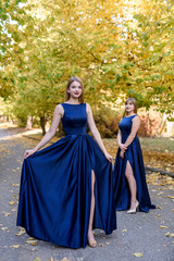 Obraz na płótnie Canvas Two very beautiful young ladies in fashionable blue dresses in autumn park.