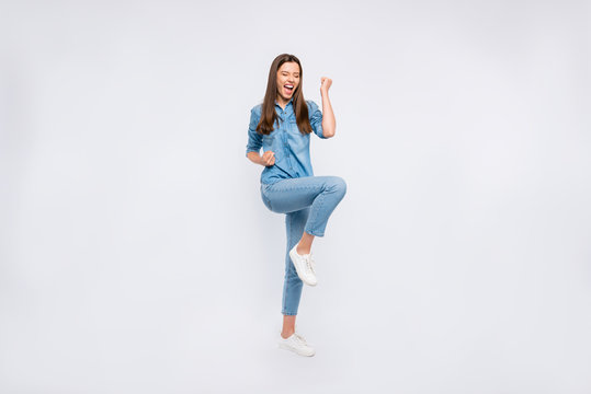 Full length body size view of her she nice attractive lovely ecstatic glad cheerful cheery positive girl having fun rejoicing celebrating attainment isolated over light white color background