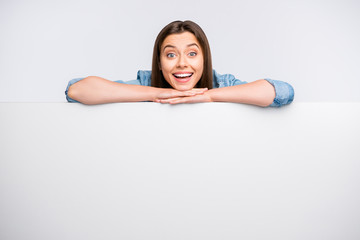 Portrait of her she nice attractive lovely pretty cute glad excited cheerful cheery girl leaning on...
