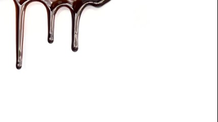 Real chocolate streams flows down on white background. Liquid chocolate. Seamless looping