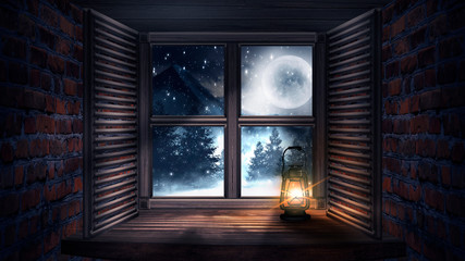 Night lamp on the window. Dark room with a wooden window. Wooden table in the night room. Moonlight, old brick walls. Outside the winter landscape. 3D illustration.