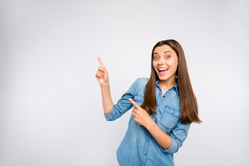 Portrait of funny funky promoter lady feel crazy scream wow omg point index finger indicate...