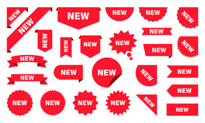 New Label collection set. Sale tags. Discount red ribbons, banners and icons. Shopping Tags. Sale icons. Red isolated on white background, vector illustration.