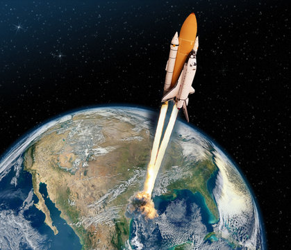 Cloudy launch of rocket into starry outer space. "The elements of this image furnished by NASA"