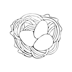 Easter egg in the nest drawn by a black line. Easter icon art line. Vector hand drawn line illustration. Nest with eggs. Black and white vector