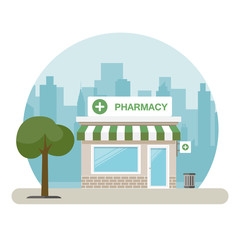 Pharmacy building in a big city. Vector illustration