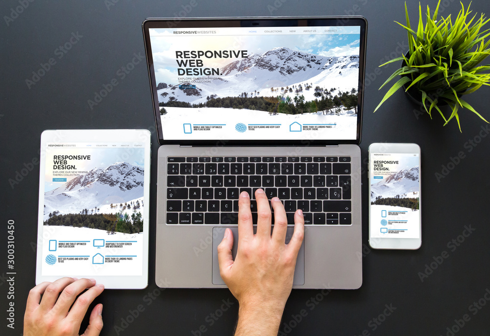Poster hands touching responsive web design devices