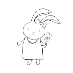Cute cartoon bunny in vector. Little rabbit girl. Vintage hand drawn. Kawaii funny animal. Happy character. Card for Easter, holiday, birthday. Black and white art line. Children s coloring.