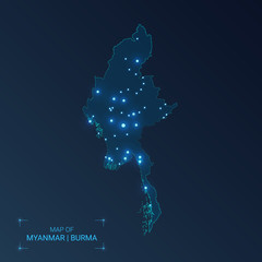 Myanmar Burma  map with cities. Luminous dots - neon lights on dark background. Vector illustration.