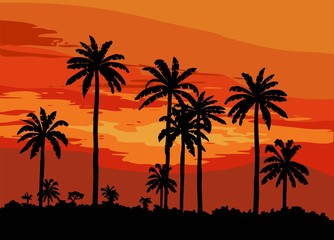 Fototapeta na wymiar sunset on a tropical island. color illustration