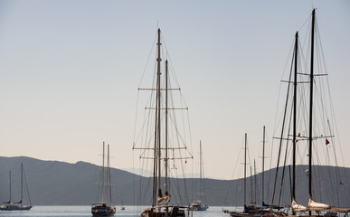 Boats and yachts in the harbor of Bodrum in the land of Turkey