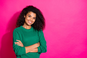 Portrait of confident independent cool afro american girl cross her hands want be real professional...