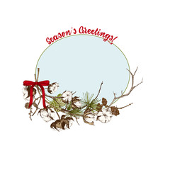 Hand drawn botanical sketch garland with christmas plants branches. Vintage engraving style. Traditional holiday decoration. For design festive card, invitation, poster, banner.