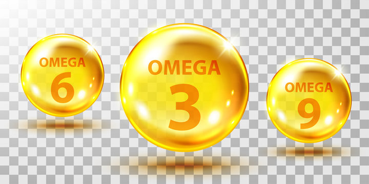 Gold fish oil pills isolated on transparent. Omega 3, 6 and 9 gel capsule. Jelly fish oil tablet.