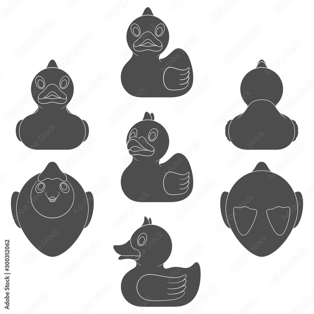 Poster set of black and white images with a toy duck. isolated vector objects on a white background.