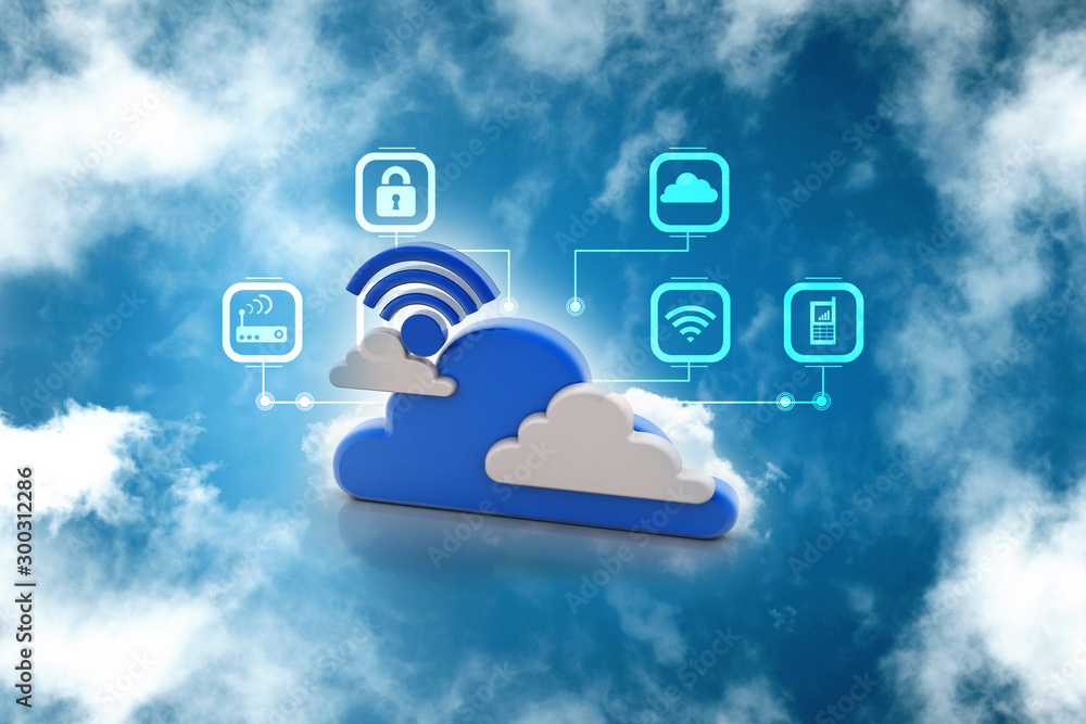Poster 3d rendering cloud online storage icons with wifi