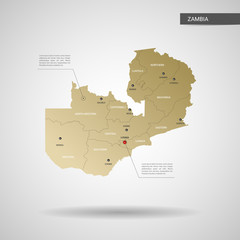Stylized vector Zambia map.  Infographic 3d gold map illustration with cities, borders, capital, administrative divisions and pointer marks, shadow; gradient background. 