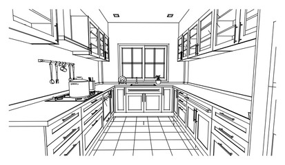 perspective kitchen sketch design black and white