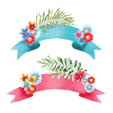 Watercolor ribbon, flowers, leaves set