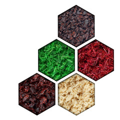 Mix of shisha with the aroma of fresh mint, cherry, coconut, Apple, grapes, located behind the hexagonal holes with shadows from them, stand out on a white background.