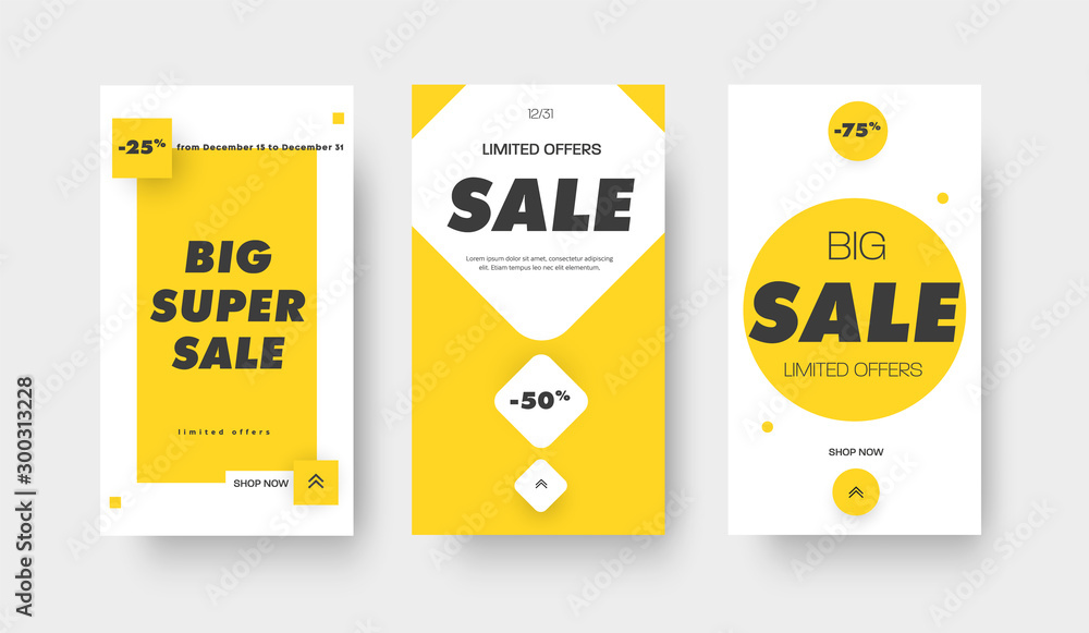 Poster stories social media vector banner design for big sale with different color geometric shapes.