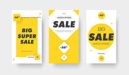 Stories social media vector banner design for big sale with different color geometric shapes.