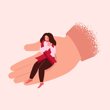 Young woman folded her arms in support for people with HIV / AIDS. Human hand helps a sick aids girl with red ribbon. Vector medical illustration