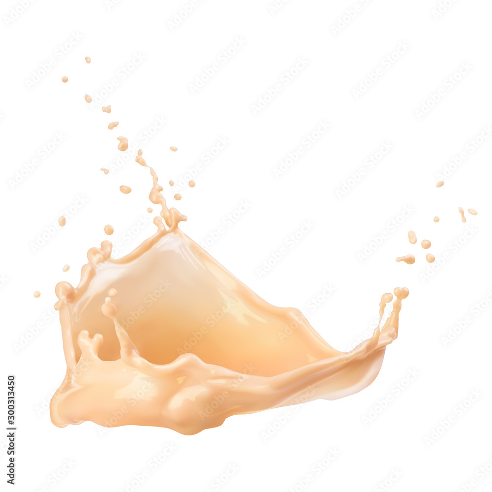 Sticker a splash of coffee with milk, tea with milk. vector 3d realistic dynamic illustration isolated on wh