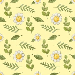 Beautiful seamless background with flowers, snail, pear house. Animated cartoon.  Can be used as a background template for Wallpaper, printing on fabrics, etc.
