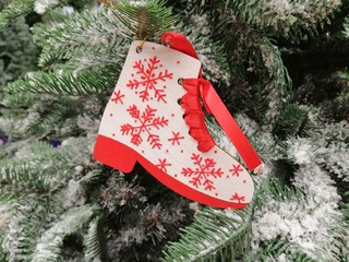 christmas decoration wooden boot on christmas tree