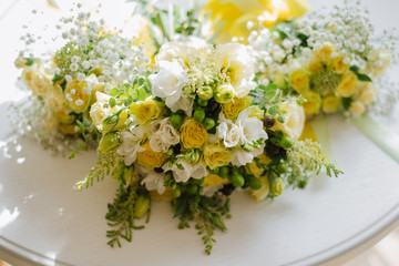 Beautiful wedding bouquet with fresh flowers on a wedding day
