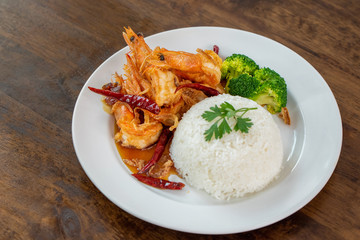 Steam rice with deep fried prawns in tamarind source , Thai food