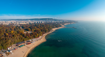 Fototapeta na wymiar Varna, Bulgaria cityscape, aerial drone view over the city skyline