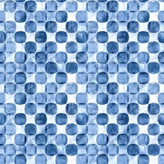 Tapeten Nahtloses geometrisches Muster mit Grunge monochromen blauen Marine Aquarell abstrakte überlappende Formen karierten Hintergrund © Olga