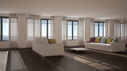Open space with sofa interior design, modern living room, lounge with big panoramic windows with curtains and sea view, parquet, stucco molded walls, classic architecture concept