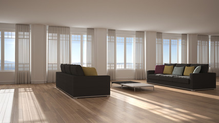 Open space with sofa interior design, modern living room, lounge with big panoramic windows with curtains and sea view, parquet, stucco molded walls, classic architecture concept