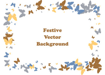 Fototapeta premium Festive butterfly confetti background. Frame vector pattern texture for holiday, postcard, poster, carnival, banner, birthday and children's parties. Butterfly cover mock-up. Wedding butterfly layout