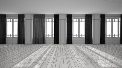 Unfinished project of empty room interior design, open space with big panoramic windows with curtains and parquet, stucco molded walls, classic architecture concept idea