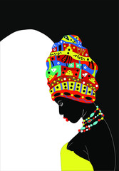 Girl  with dark skin with a turban on the head silhouette   (profile view). The girl tilted her head. Young girl pensive and modest 