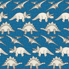 Vector dino horizontal seamless pattern in blue. Simple doodle dinosaur and texture rock background hand drawn made into repeat. Great for background, wallpaper, wrapping paper, packaging, kids