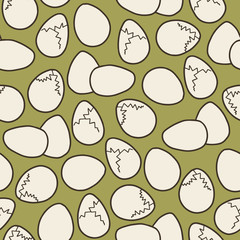 Vector egg seamless pattern in green. Simple doodle full egg and cracked egg shapes hand drawn made into repeat. Great for background, wallpaper, wrapping paper, packaging, kids fashion, easter.