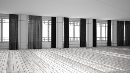 Unfinished project of empty room interior design, open space with big panoramic windows with curtains and parquet, stucco molded walls, classic architecture concept idea