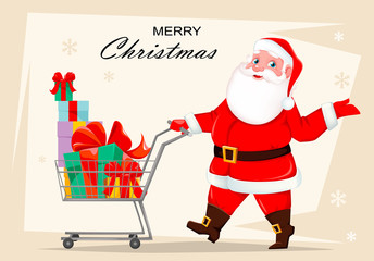 Santa Claus with shopping cart full of presents