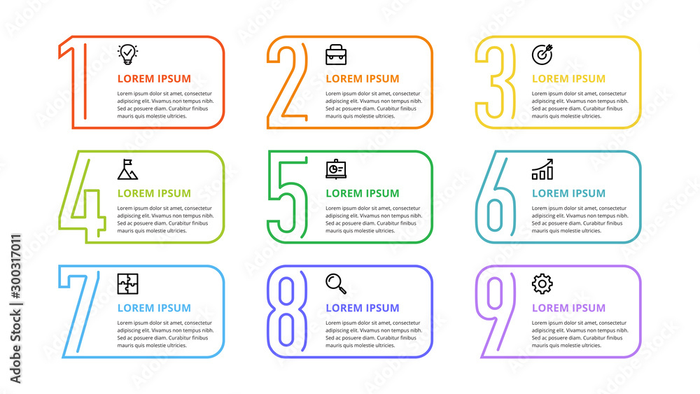 Poster nine colorful numbers or figures and rectangular elements or cards with place for text. infographic 